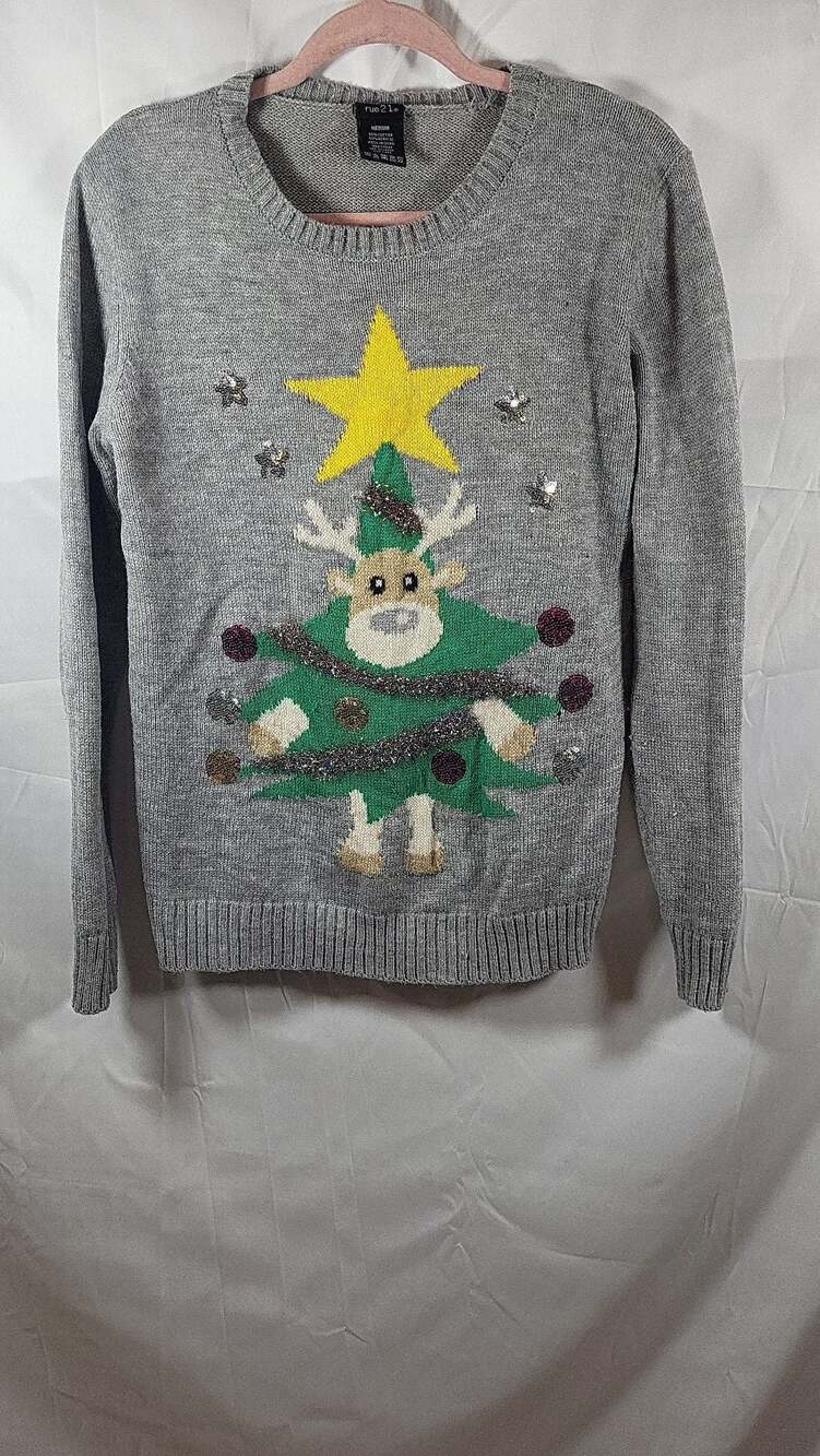 rue21 Grey Ugly Christmas Sweater Reindeer Tree Costume Sequin Star Junior Mediu